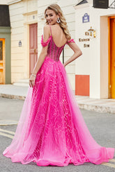 A-Linie Kalter Schulter Funkelndes Hot Pink Korsett Ballkleid mit Perlen